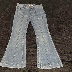Free People Light Blue Flare Hippie Jeans with Pink Chevron Lined Back Pockets